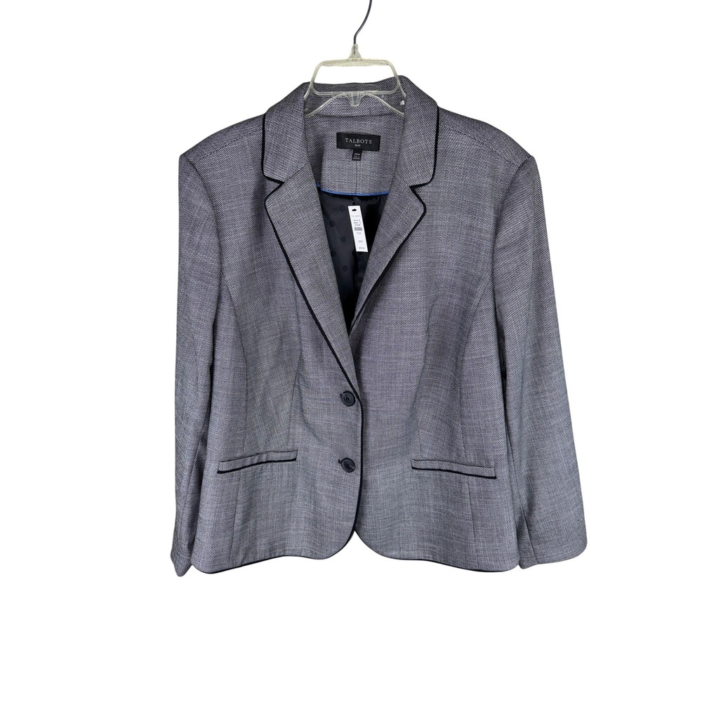 Talbots Plus Womens 20W Grey Micro Pattern Piping Two Button Blazer NWT
